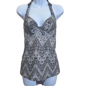 Freya 32G Black White Snakeskin Print‎ Halter Tankini Swimsuit Set